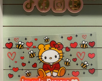 Cute white cat bear suit/ kitten and bees | uvdtf 16oz uvdtf cup wrap ready to press | white cat flower wrap |  hearts and bees, cat