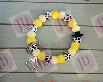 Ready to Ship Beaded Bangle Cowboy yellow cow print Keychain/beaded Bangle for her yellow cowboy wristlet/bangle