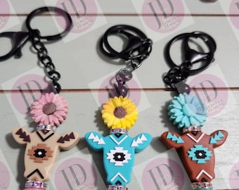 Adorable aztec cow sunfower beaded Keychain BAR/beaded mini Keychain BAR & flower/aztec cow dangle Keychain bar