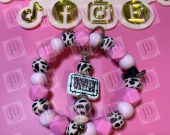 Beaded Bangle Cowboy hat pink Wallen cow print Keychain/beaded Bangle for her/pink cowboy wristlet/bangle  keychain Wallen focal