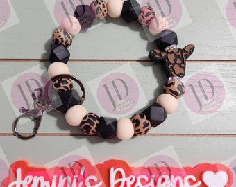 Beaded Bangle Cow head & Brown cow print beads. Keychain/beaded Bangle for her/brown cow wristlet Bangle bracelet turquoise and brown