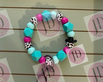 Beaded Bangle Cowboy hat teal & pink cow print Keychain/beaded Bangle for her/teal and pink cowboy wristlet/bangle