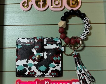 Stretchy/Elastic Beaded Cow pattern rust, black and white Keychain wallet /beaded Stretchy Bangle for her cow wristlet/bangle cow keychain