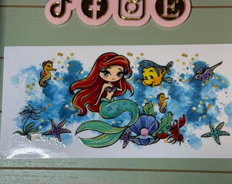 UV DTF 16 oz Glass can Ready to press|  mermaid & flounder fish  | uvdtf wrap | Permanent decal | No heat needed | Waterproof