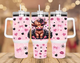Highland ballerina with tutu, bows, lips and hearts/ pink, 40oz , ballet cow tumbler,  Highland baby cow design tumbler, gift for her