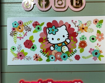 Cute white cat/ kitten and flowers | uvdtf 16oz uvdtf cup wrap ready to press | white cat flower wrap |  Hearts and cat friends