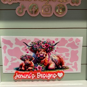 UV DTF  Ready to Apply| Highland cow and calf cow print floral uvdtf wrap | Permanent decal | No heat needed | Waterproof material