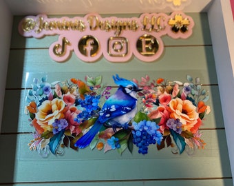 UV DTF 16 oz Glass can Ready to Apply|Blue Jay floral uvdtf wrap | Permanent decal | No heat needed | Waterproof material