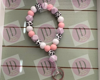 Boho western Beaded Bangle Cowboy pink cow print Keychain/beaded Bangle for her/lavender cowboy wristlet/bangle teal bracelet wristlet