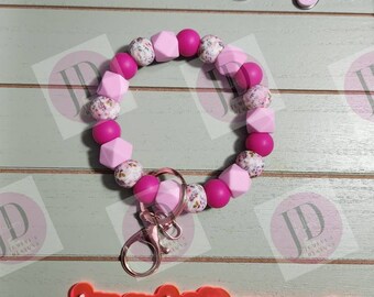 Beaded Bangle floral pink print Keychain/beaded Bangle for her/pink flower wristlet/bangle Keychain