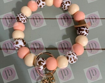 Beaded Bangle Cowboy hat peaches & cream cow print Keychain/beaded Bangle for her/peach cowboy wristlet/bangle