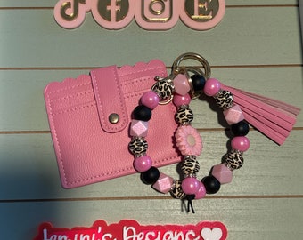 Pink Beaded Bangle leopard wristlet w/ wallet.Leopard print wallet with pink & black wristlet/ pink Keychain/beaded Bangle leopard