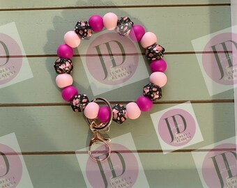 Ready to Ship Beaded Bangle floral black & pink print Keychain/beaded Bangle for her/pink floral wristlet/bangle black and pink bracelet