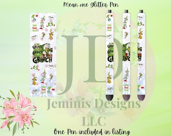Mean one Christmas Glitter pen, pen wrap with Lots of vibrant colors sparkle.   Gorgeous glitter pen/ Christmas mean one pen