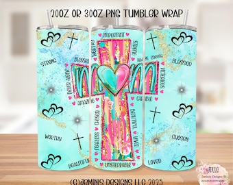 Mom cross, blessed/loved/chosen PNG file design for tumbler sublimation. Pink bows and strawberry/ fits 20 or 30 oz tumblers.
