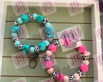Ready to Ship Beaded Bangle Cowboy hat teal or pink cow print Keychain/beaded Bangle for her/pink or teal cowboy wristlet