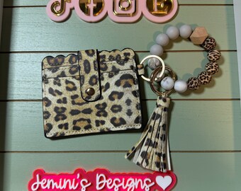 Stretchy/Elastic Beaded leopard, animal print brown marble Keychain and wallet /beaded Stretchy Bangle  wristlet/bangle wallet keychain