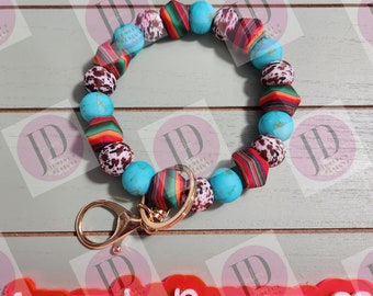 Serape Beaded Bangle Cow print, serape & stone print turquoise Keychain/beaded Bangle for her/brown serape cow wristlet Bangle bracelet