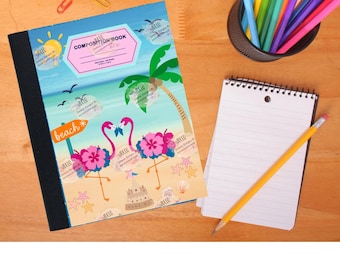 Flamingos Beach PNG file design for composition notebook cover, digital design, digital file, notebook cover, beach, flamingo tropical