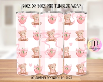 Coquette Bears & bows PNG file design for tumbler sublimation. Pink bows and strawberry/ fits 20 or 30 oz tumblers.  PNG Digital file