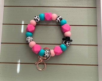 Beaded Bangle Cowboy hat teal & pink cow print Keychain/beaded Bangle for her/teal and pink cowboy wristlet/bangle