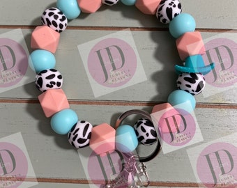 Beaded Bangle Cowboy hat teal & peach cow print Keychain/beaded Bangle for her/teal and peach cowboy wristlet/bangle