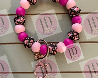 Ready to Ship Beaded Bangle floral black & pink print Keychain/beaded Bangle for her/pink floral wristlet/bangle black and pink bracelet