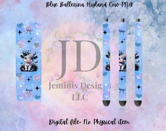 Highland cow pen wrap [PNG] Digital File| Blue ballerina cow png| highland cow print pen wrap png/ background png| non transparent