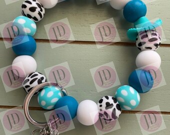Made to order  Beaded Bangle Cowboy hat teal cow print Keychain/beaded Bangle for her/teal cowboy wristlet/bangle teal bracelet