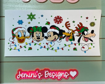 UV DTF 16 oz Glass can Ready to press|  Girl Mouse friends Christmas lights   | uvdtf wrap | Permanent decal | No heat needed | Waterproof