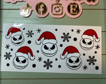 UV DTF 16 oz Glass can Ready to press|  Christmas nightmare jack hat   | uvdtf wrap | Permanent decal | No heat needed | Waterproof