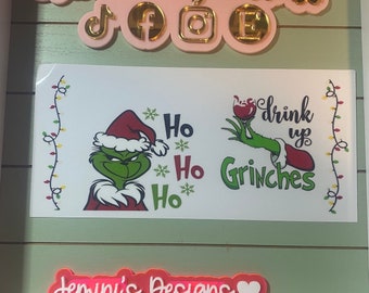 UV DTF 16 oz Glass can Ready to press|  Mean one| Drink up Grinches | uvdtf wrap | Permanent decal | No heat needed | Waterproof
