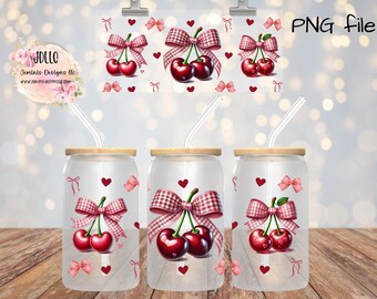 Coquette red cherry floral PNG file design for 16 or 20oz sublimation. Bold cherries and flowers/   PNG Digital file
