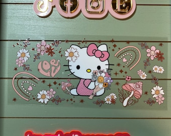 Cute white cat/ kitten and friends | uvdtf 16oz uvdtf cup wrap ready to press | white cat rainbow flowers   Hearts and cat friends