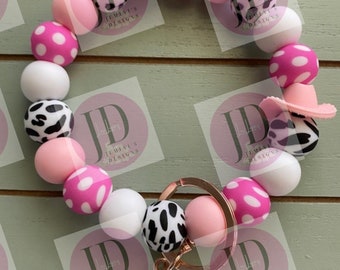 Ready to Ship Beaded Bangle Cowboy hat pink cow print Keychain/beaded Bangle for her/pink cowboy wristlet/bangle pink bracelet