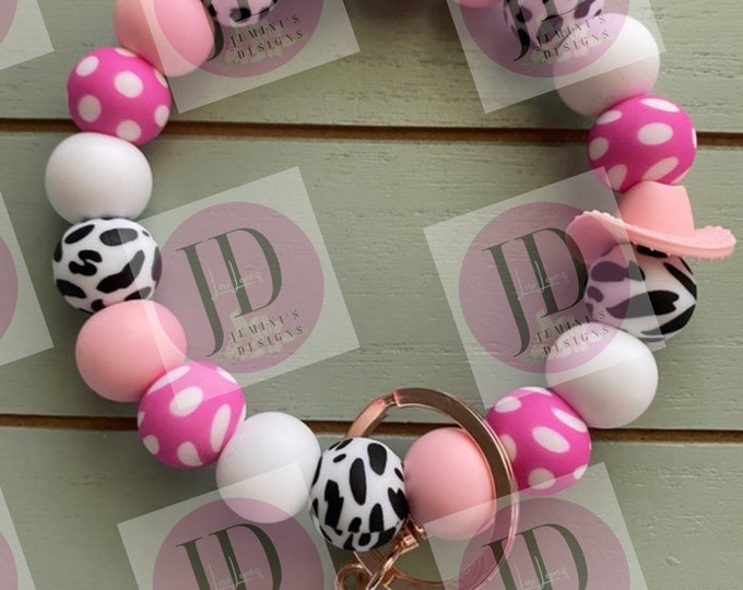 Featured listing image: Ready to Ship Beaded Bangle Cowboy hat pink cow print Keychain/beaded Bangle for her/pink cowboy wristlet/bangle pink bracelet