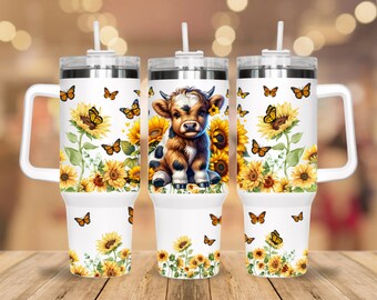 Highland spotted cow sunflower, butterfly, 40oz , yellow tumbler,  Highland baby cow & flowers  tumbler, gift for he