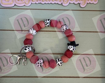 Beaded Bangle Cowboy maroon cow print Keychain/beaded Bangle for her maroon cowboy wristlet/bangle