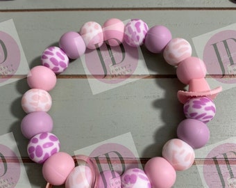Beaded Bangle Cowboy hat pink and lavender cow print Keychain/beaded Bangle for her/pink & purple cowboy wristlet/bangle cow wristlet