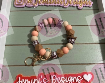 Beaded Bangle Cowboy hat peach & brown cow print Keychain/beaded Bangle for her/peach and brown cowboy wristlet/bangle
