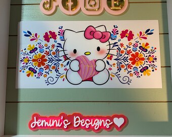 Cute white cat/ kitten and flowers/ pan dulce | uvdtf 16oz uvdtf cup wrap ready to press | white cat flower wrap |  Hearts and cat friends