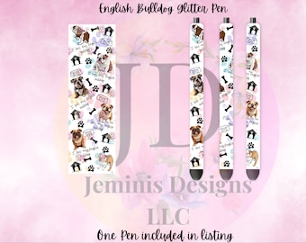 English Bulldog love glitter pen wrap pen, pen wrap with Lots of vibrant colors sparkle. Pink English Bulldog pen.  English bulldogs