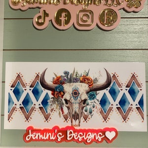 UV DTF Ready to Apply| bull skull western/ turquoise diamond uvdtf wrap | Permanent decal | No heat needed | Waterproof material