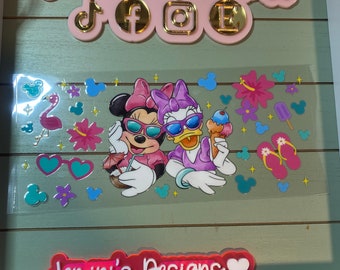 UV DTF 16 oz Glass can Ready to press|  Girl Mouse and Girl duck friends Beach| uvdtf wrap | Permanent decal | No heat needed | Waterproof