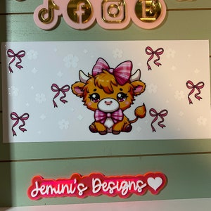 UV DTF 16 oz Glass can Ready to Apply| Highland cow/ pink bows uvdtf wrap | Permanent decal | No heat needed | Waterproof material