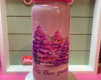Pink shimmer Christmas tree Tis the season to sparkle /20 oz pink shimmer glass w/ bamboo lid & plastic bling lid