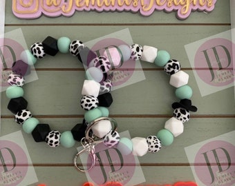 Beaded Bangle Cowboy hat black or white cow print Keychain/beaded Bangle for her/black or white with light marble green wristlet