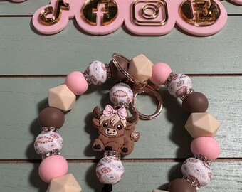 Beaded Bangle Cow/pink/ brown Keychain/ pink cow with bow wristlet Keychain/ Aztec print beads/ lots of bling