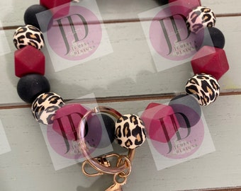 Ready to Ship Beaded Bangle black/red leopard /Keychain/beaded Bangle for her/red/black Keychain/beaded leopard bangle bracelet