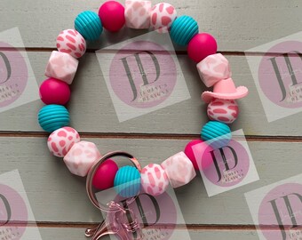 Ready to Ship Beaded Bangle Cowboy hat pink & Teal cow print Keychain/beaded Bangle for her/pink cowboy wristlet/bangle pink bracelet